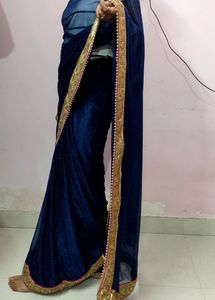 NET Saree With Blouse (Nevy Blue Colour)