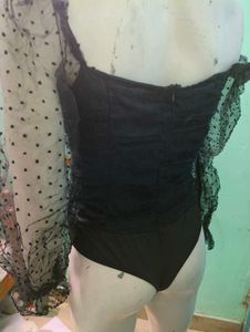 Black Polka Dot Mesh Sleeve Bodysuit