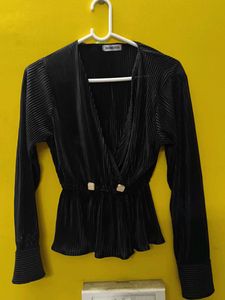 Black Plisse Peplum Top