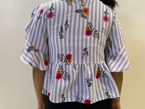 Striped Floral Ruffle Sleeve Top