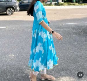 Blue Anarkali Dress with Floral Print