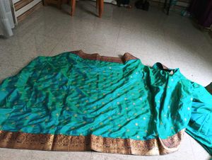 Teal Silk Saree with Gold Embroidery
