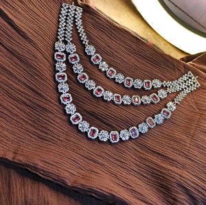 Three layered Ruby Red American Diamond Necklace