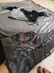 Black &amp; Silver Embellished Sari With Designer Blou
