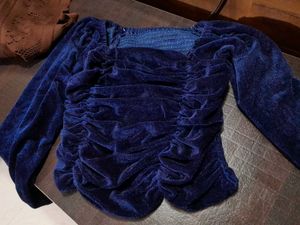 Navy Velvet Ruched Long Sleeve Top