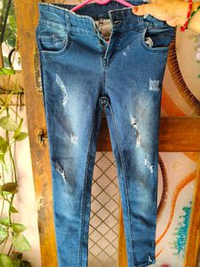 Solid Blue Stretchable Skinny Ripped Jeans