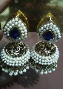 Blue Stone Matching, Pearl Work On Metal, Party Wear,Used Rarely 1time, unfortunately My Tinny Ear Can&#39;t Handle This Beautiful Earrings 😔
