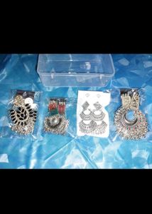 Boho Silver Drop Earrings Pair Of 4