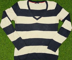 Imported Striped V-Neck Knit Sweater
