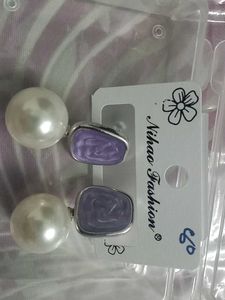 Pearl Drop Earrings - Purple Accent