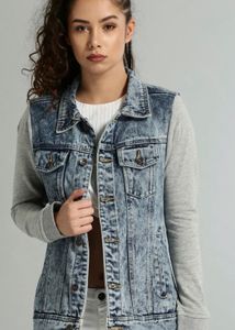 Denim Jacket with Knit Sleeves
