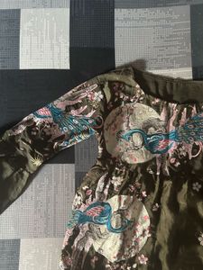 olive green satin top with cotton pink skirt