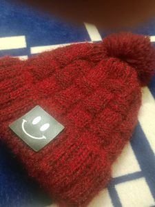 Red Knit Beanie with Smiley Face