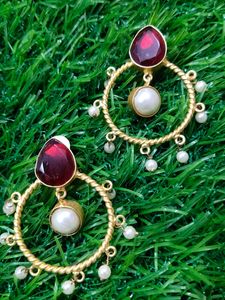 Brass Earrings With Red Stone And Beads