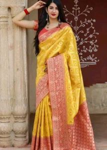 Yellow &amp; Red Banarasi Silk Saree