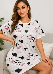 Silk Fabric Cute Cat Print Nightdress All Sizes