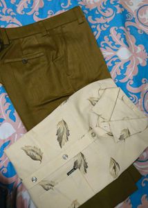 Leaf Print Shirt &amp; Brown Pants Set(Never Used)