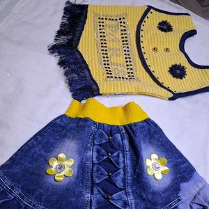 Denim Skirt with Yellow Waistband