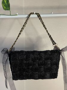 Chic Black Woven Clutch Bag with Chain Strap