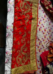 Red Wedding Heavy Stone Work Saree With Blouse