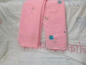 Pink Saree With Sky-blue Flower