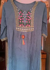 Elegant Blue Embroidered Kurti with Mirror Work an
