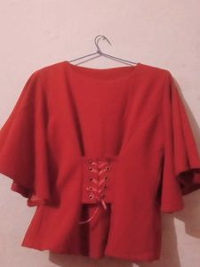 Red Lace-Up Back Blouse