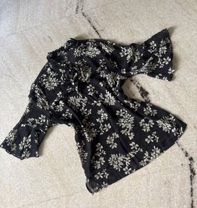 Black Floral Bell Sleeve Top