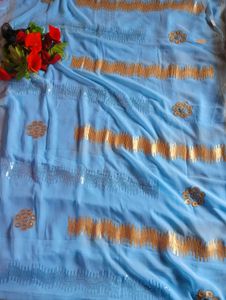 New Light Blue Party Wear Saree With Blouse Piece