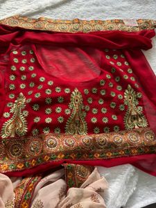 Elegant Red Embroidered  Saree🥰