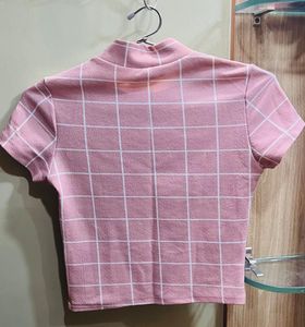 Pink Grid Mock Neck Top