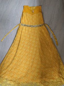 Golden Gown With Beautiful Net And Mirror Work