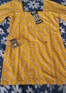 Long Sleeve Yellow Short Kurti With Freebies