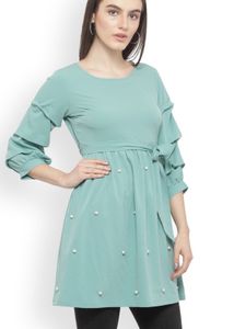 Cute Aqua Pearl Embellished Dress