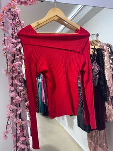 Red Off-Shoulder Knit Top