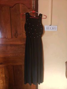 pink owl Black Maxi Dress with Pearl Details