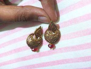 Golden And Red Earrings With Drop