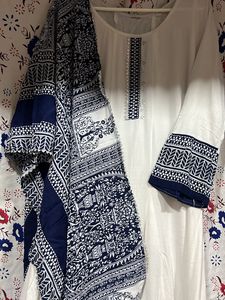 White N Blue Anarkali Kurta Dupatta