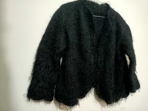 Fluffy Black Open-Front Cardigan