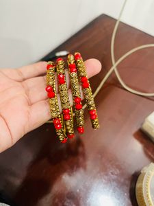 Red Golden Stone Studded Kada Bangles