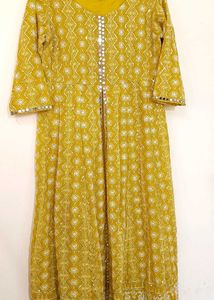 Yellow Festive Suit With Front Slit And Duppata