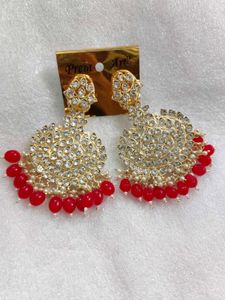 Red Beaded Chandbali Earrings
