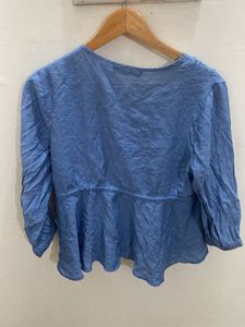 Blue Lace Trim Tie Front Top