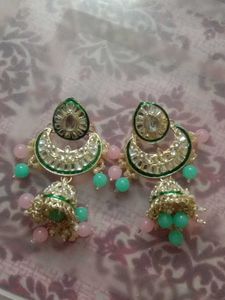 Green Kundan Jhumka Earrings