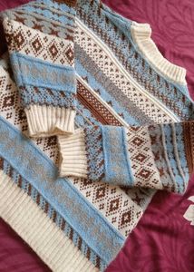 Fair Isle Knit Sweater Blue Colour