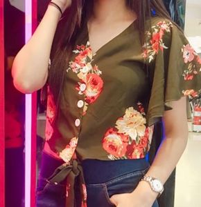 Green Floral Print Crop Top