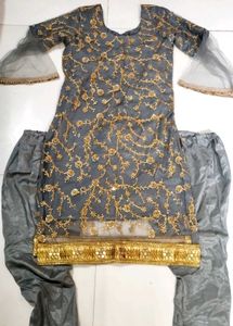 Grey Embroidery Net Silk Suit