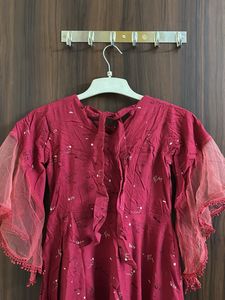 Maroon Dress with Sheer Sleeves