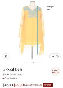 Global Desi Yellow Tunic Dress - Size Xl