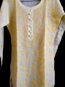Chikankari Yellow Long Kurti